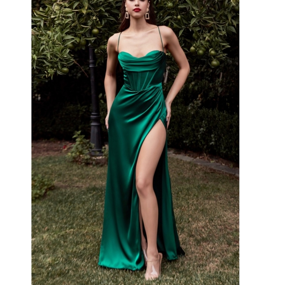 Emerald Green Corset Cowl Satin Dress